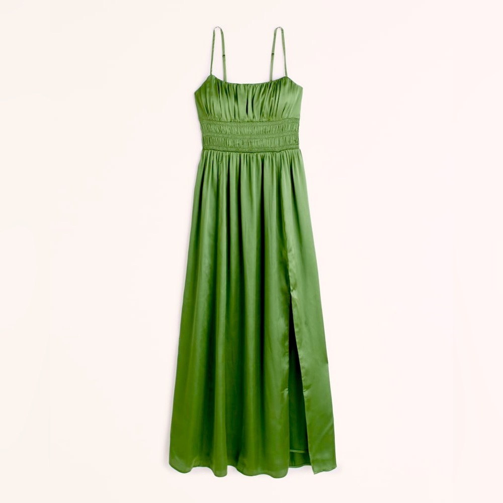 Abercrombie Smocked Bodice Satin Maxi Dress / Size L / Green